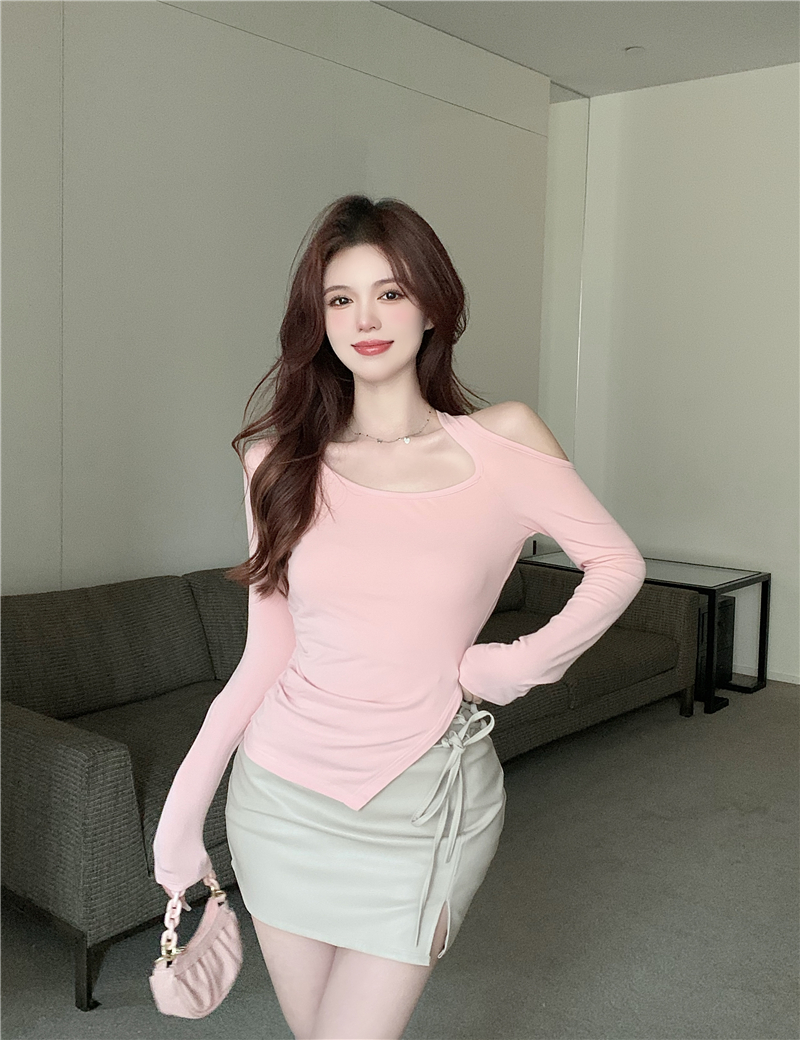 오프숄더 벨벳 슬림 셔츠