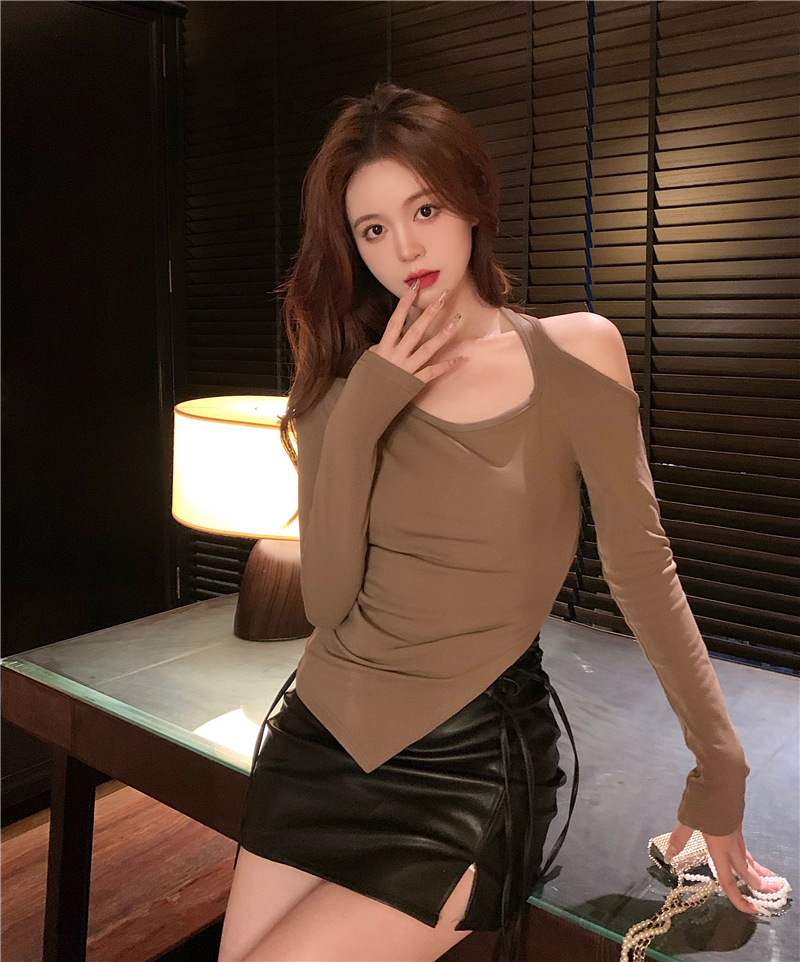 오프숄더 벨벳 슬림 셔츠