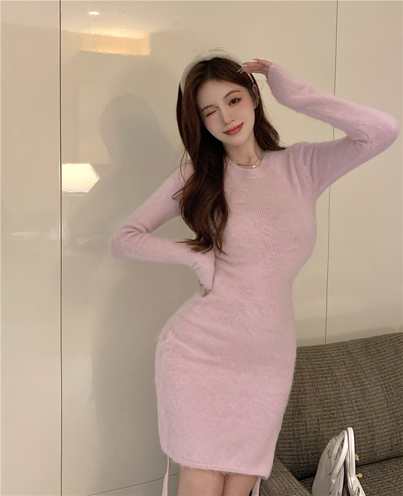 슬림 러버 핑크 니트 원피스