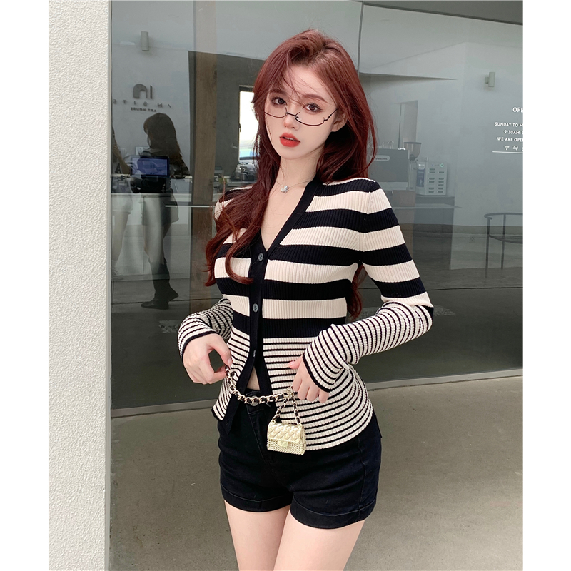 스트라이프 브이넥 가을 겨울 스웨터